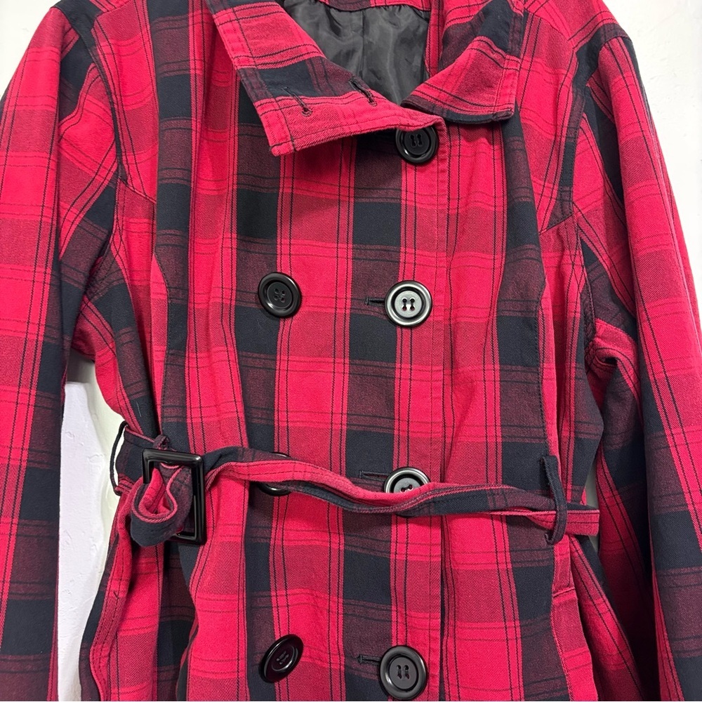 Cato Woman Red Black Buffalo Check Women's Coat Button Belt Plus 26/28W - Picture 2 of 8
